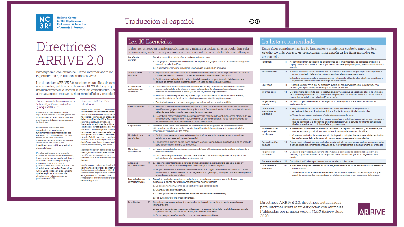 an image of the ARRIVE guidelines Spanish translation, showing the two pages contained in the PDF