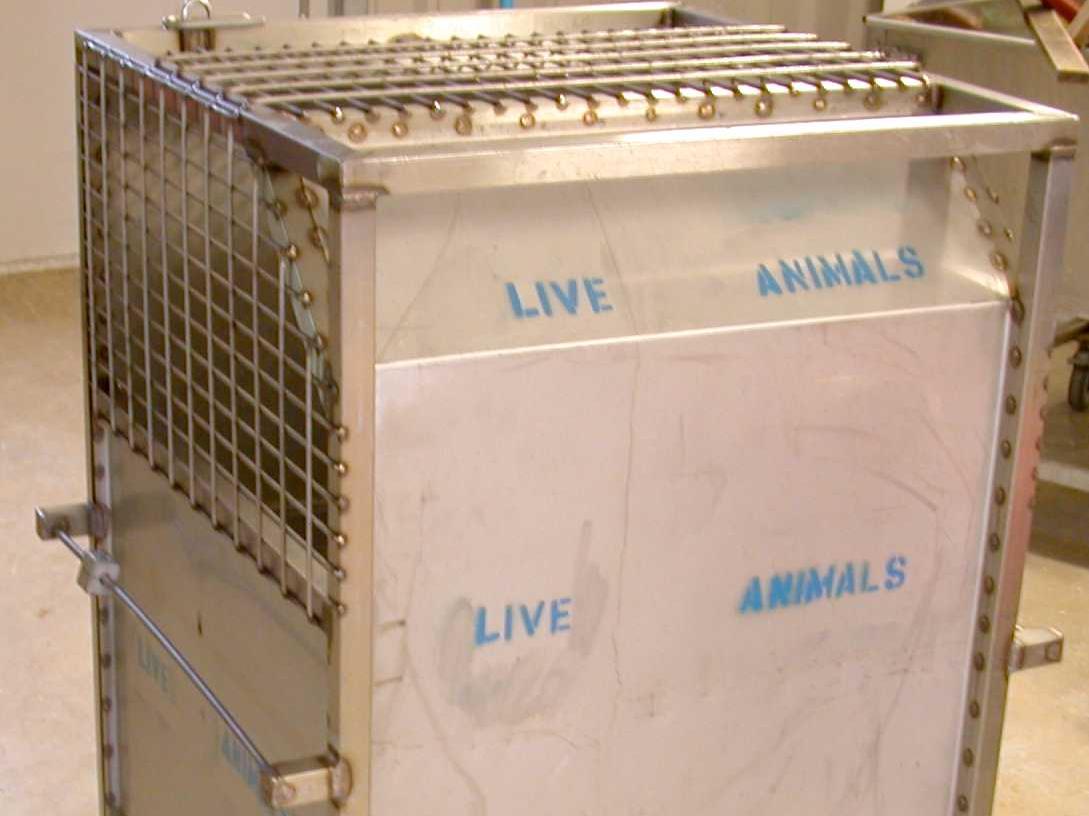 An example of steel cage on wheels that is used to transport macaques.