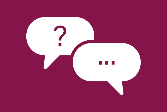 Icon of speech bubbles, one containing a question mark and the other ellipses