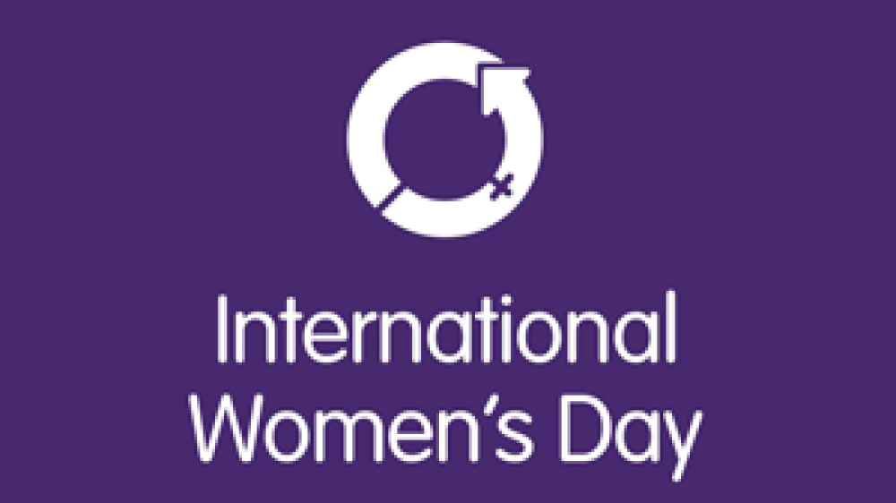 international Women's day logo on a purple background