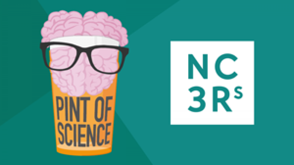The Pint of Science with the NC3Rs logo on a green background 