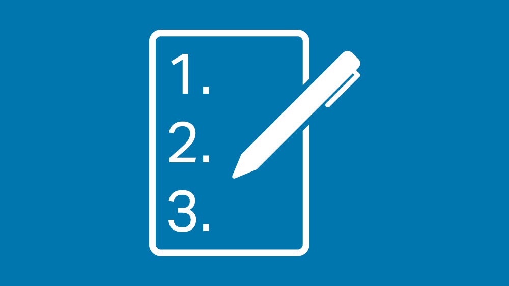 White icon of a pen over a piece of paper with the numbers 1, 2 and 3 in a list format, on a blue background