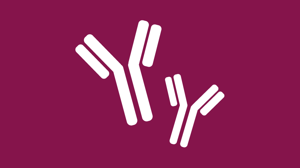 A white icon of antibodies on a red background