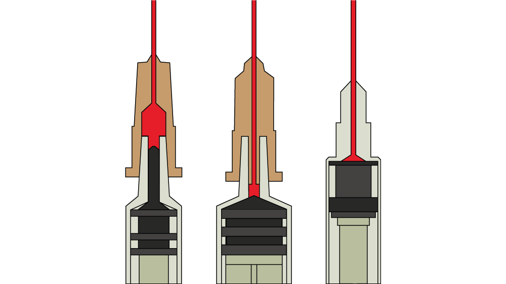 Illustration of three needles with low dead space, which would be appropriate for single use.