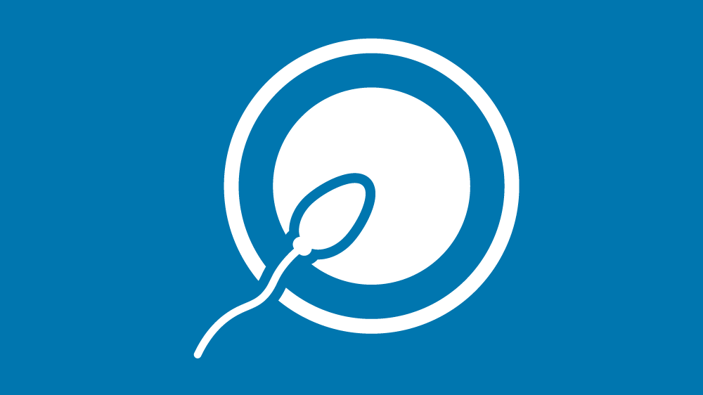 A white sperm and egg icon on a blue background