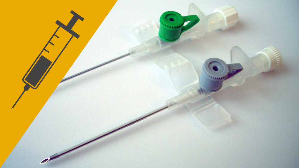 Two vascular catheters of different sizes, with an icon of a needle and syringe on a yellow background in the corner of the image.