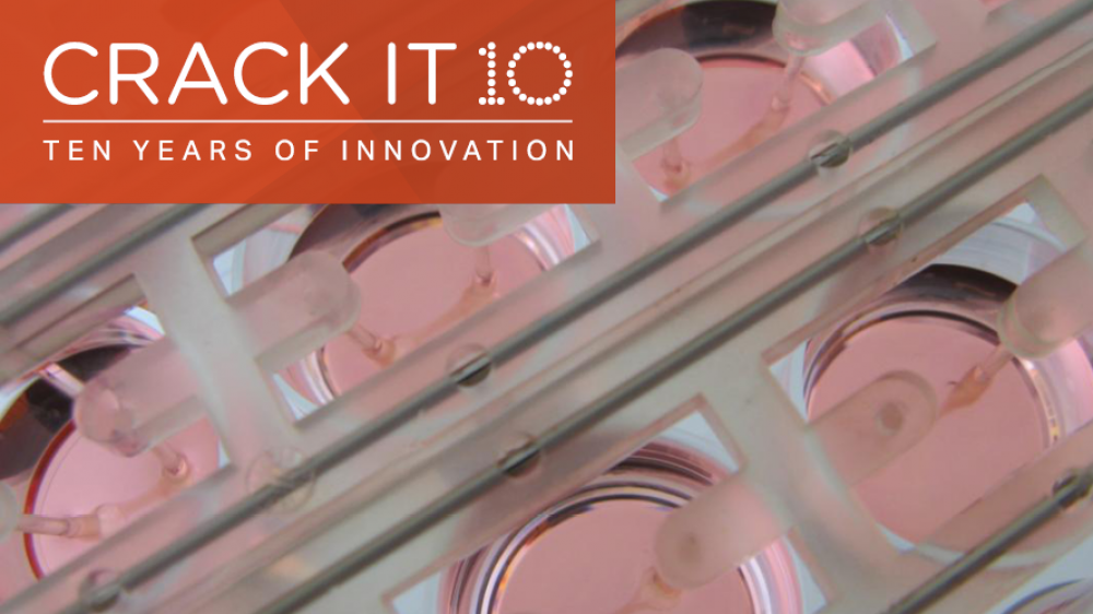 The CRACK IT 10 logo superimposed over a photo of an in vitro cardiotoxicity platform.
