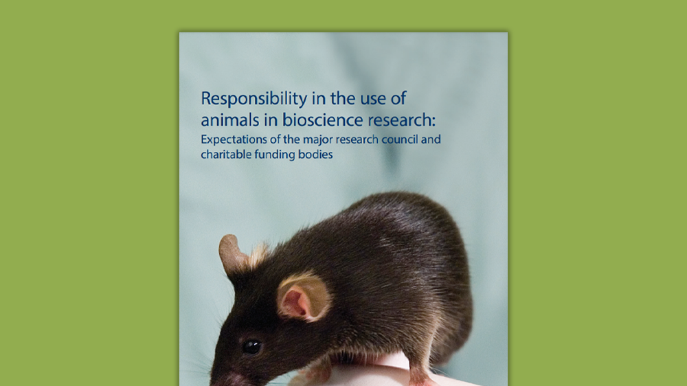 The front cover of the "Responsibility in the use of animals in bioscience research" document on a green background.