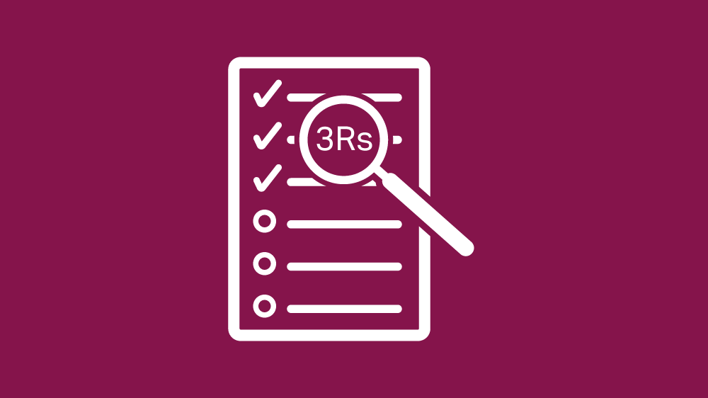 Icon of a checklist with "3Rs" enlarged by a magnifying glass