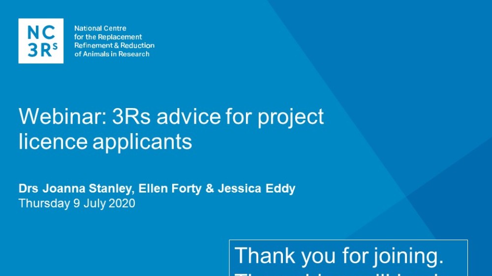 Webinar title slide: 3Rs advice for project licence applicants