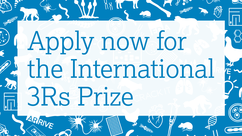 "Apply now for the International 3Rs Prize" on a blue background with white icons representing the work of the NC3Rs (e.g. mice, cells, organs)