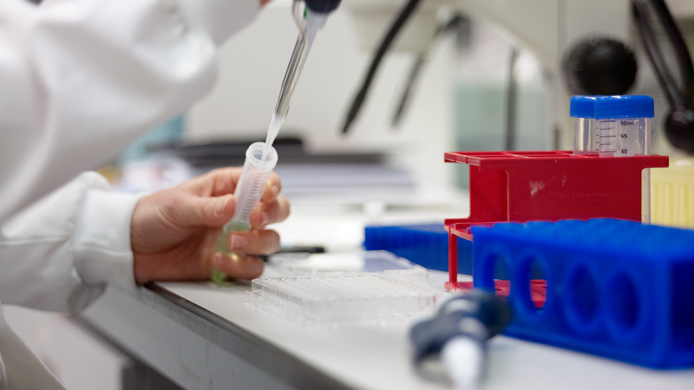 Scientist using a pipette to transfer into a tube.