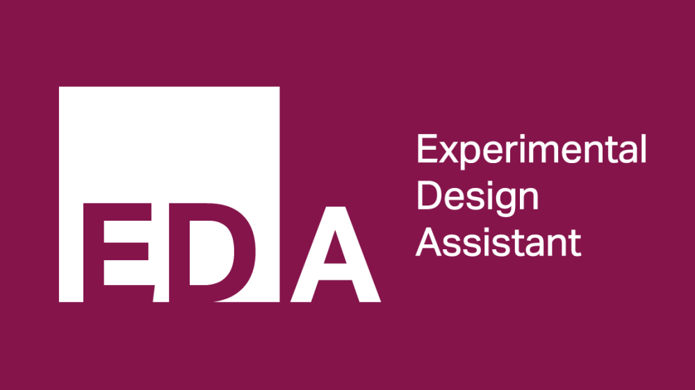 A crimson square with the EDA logo on it and the words 'Experimental Design Assistant'