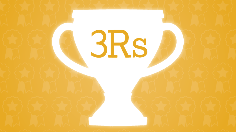 A white trophy with the term '3Rs' on it sits on a bright yellow background. 