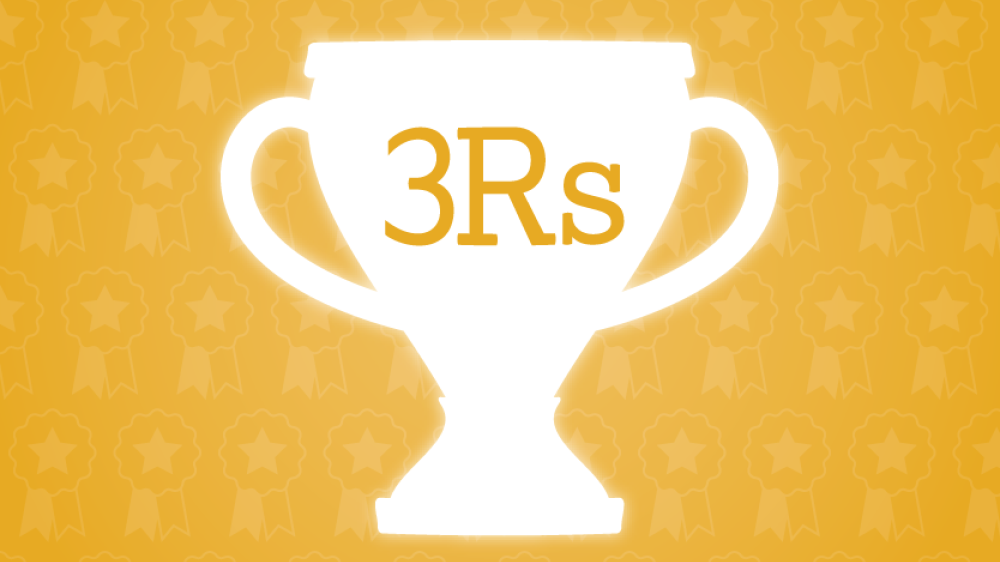 A white trophy with the term '3Rs' on it sits on a bright yellow background.