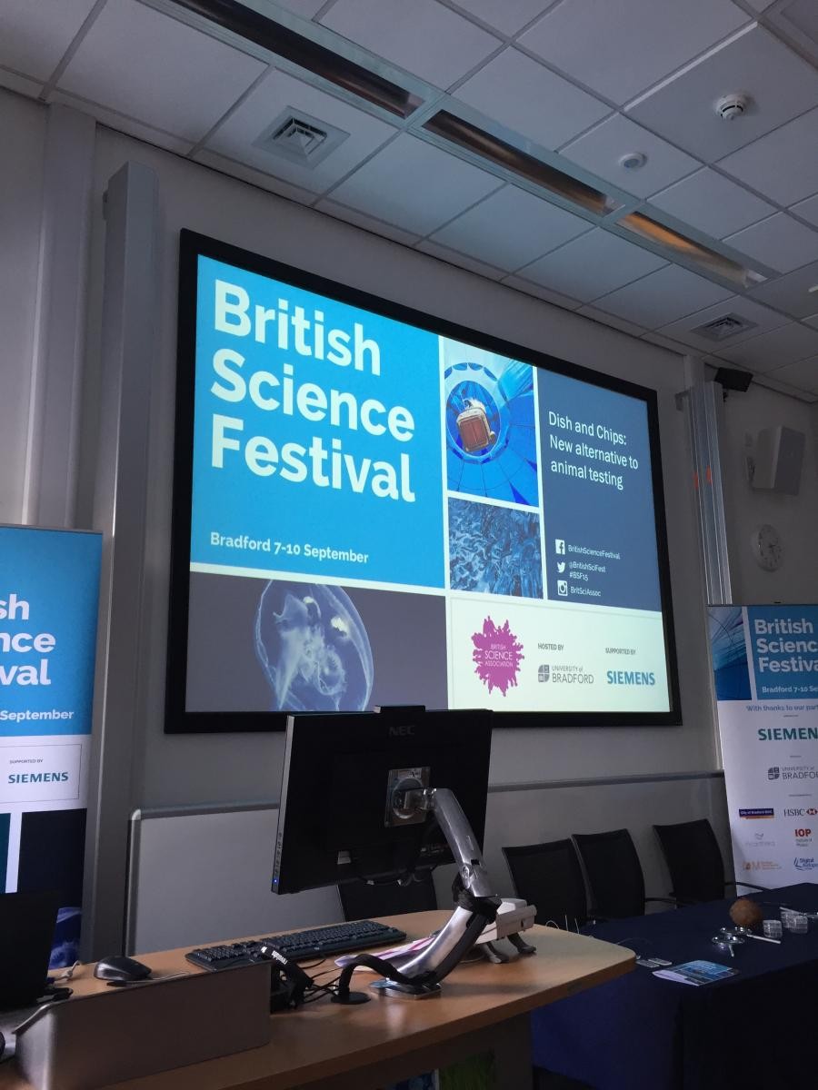 A big screen on stage showing the British Science Festival presentation cover