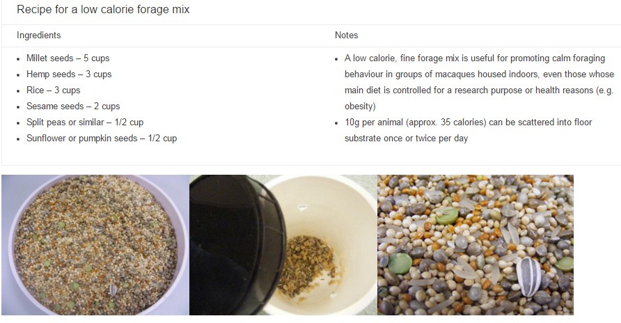 A recipe for a low calorie forage mix displaying the recipe and notes. There are three images of the process of the forage mix.