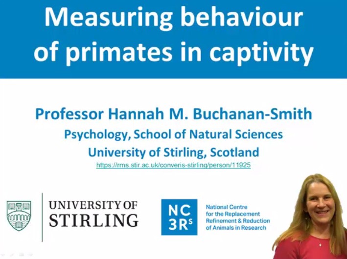 A screenshot of the macaque website. The title is measuring behaviour of primates in captivity with an image of Professor Hannah M. Buchanan-Smith