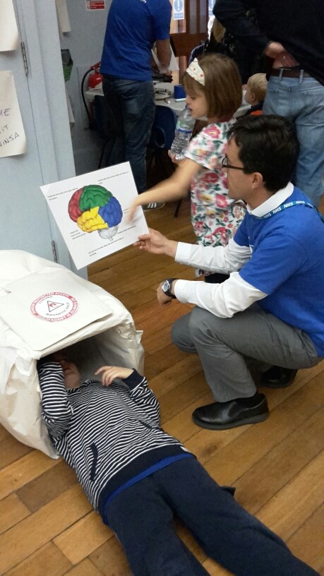 Attendees using a modeled MRI at the learning about the 3Rs: science fun for all ages engagement 