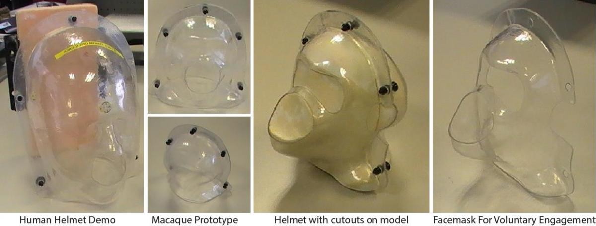 Five images of helmet devices that are made of see-through plastic with holes for eyes and ears, allowing presentation of visual and auditory stimuli for neurobiological studies. The helmets are labelled as human helmet demo, macaque prototype, helmet with cutouts on model and facemask for voluntary engagement  