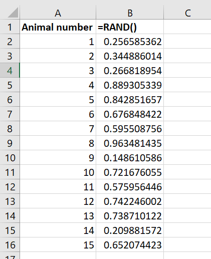 Screenshot of random numbers generated in Excel using =RAND().
