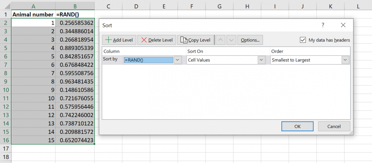 Using the SORT function to sort by the random number column, randomising the order of animal numbers.