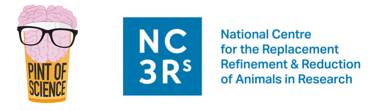 Left: Pint of Science logo (a brain wearing glasses inside a pint glass). Right: the NC3Rs logo