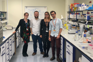 Dr Paola Campagnolo on the left with three colleagues on the right side of her in a laboratory